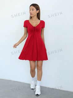 Type:A Line \nStyle:Casual \nDetails:Drawstring \nHem Shaped:Flared \nWaist Line:High Waist \nDetails:Lettuce Trim \nDetails:Ruched \nNeckline:V neck \nSleeve Type:Regular Sleeve \nColor:Red \nPattern Type:Plain \nSleeve Length:Short Sleeve \nFit Type:Regular Fit \nLength:Short \nMaterial:Knitted Fabric \nComposition:64% Polyester \nComposition:30% Viscose \nComposition:6% Elastane \nCare Instructions:Machine wash or professional dry clean \nSheer:No \nFabric:Slight Stretch \nSpecial Features:Forest-Safe Fibers \n Womens Knit Dresses, Knitted Dress, Mini Dresses, Dress P, Fashion Online Shop, All Fashion, Online Fashion, Knit Dress, Men's Clothing