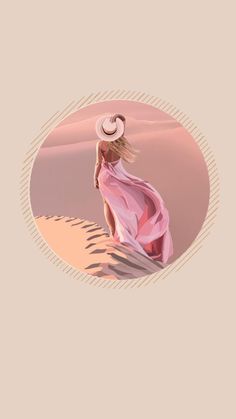 a woman in a pink dress and hat walking through the desert with her back to the camera