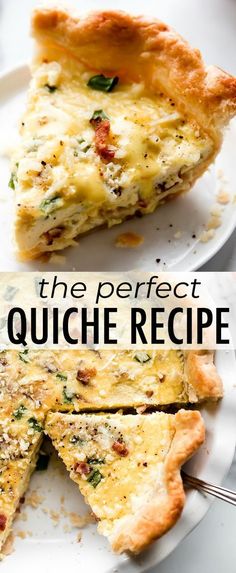 two slices of quiche on white plates with text overlay that reads the perfect quiche recipe