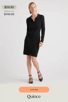 The coziness of a sweater meets the polish of a shirtdress in our Eco-Knit Button-Up Sweater Dress. With its sealed button-up design and fine-ribbed texture, this streamlined style is cut to flatter without gaping between buttons. In a stretchy blend featuring sustainably sourced fibers, the soft knit fabric hugs your curves in all the right places.  | Quince | Women's Eco-Knit Button-Up Sweater Dress in Black, Size XL, Viscose Classic Fitted Sweater Dress, Classic Fitted Long Sleeve Sweater Dress, Casual Ribbed Button-up Dress, Fitted Cardigan With Buttons For Business Casual, Casual Sweater Dress With Buttons For Fall, Chic Fitted Sweater Dress With Buttons, Chic Fitted Sweater Dress With Button Closure, Long Sleeve Sweater Dress With Buttons For Fall, Casual Long Sleeve Sweater Dress With Buttons