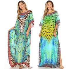 This lovely kaftan dress features a boat-neck and generous sleeve openings. Also, nicely placed rhinestones around the neckline. This garment is perfect for all body shapes, made with lightweight soft opaque crepe fabric and colorful print. Summer Floor-length Dress With Digital Print, Multicolor Digital Print Dress For The Beach, Beach Dress With Multicolor Digital Print, Multicolor Digital Print Beach Dress, Green Floor-length Maxi Dress For Beach, Green Floor-length Maxi Dress For The Beach, Summer Vacation Dresses With Digital Print, Printed Free Size Maxi Dress For Beachwear, Tropical Printed Vacation Kaftan