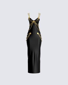 Talk about ELEGANCE 💋 We out here on a whole new level no one could ever reach in this number dripped with real heavyweight metal chain detailing ⭐️ Black With Gold Dress, Chain Back Dress, Black Dress With Gold Accents, Chain Detail Dress, Black Dress With Chains, Chain Dress Outfit, Black And Gold Aesthetic Fashion, Desings Clothes Aesthetic, Black Dress With Gold Jewelry