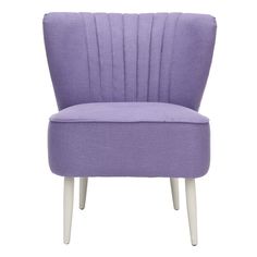 an upholstered purple chair with white legs