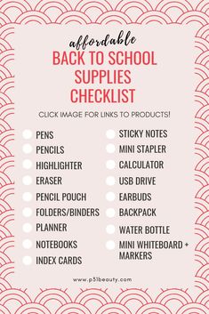 the back to school supplies checklist is shown with red and white circles on it