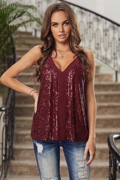 Sequin Racerback Tank - BELLATRENDZ Vest Style Women, Sparkly Tank Top, Beige Vest, Top Jeans, Sparkly Top, Sequin Decor, Mini Robes, Red Sequin, Sequin Tank