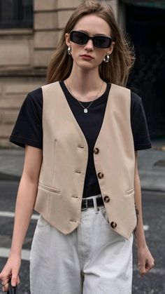 T Shirt Vest Outfit, Black Vest White Shirt Outfit, Vest Button Up Outfits, Vest Over T Shirt, Fitted Vest Outfits For Women, Button Vest Outfits For Women, Layered Vest Outfits, Tan Vest Outfit, Tailored Vest Outfits