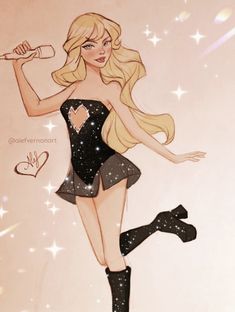 a drawing of a woman with long blonde hair and black stockings, holding a bottle in her hand