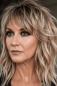 hairstyles, women over 40, radiant Modern Shag Haircuts With Bangs, Chic Shag Haircut, Rocker Fringe Hair, Shag Hairstyles Thick Wavy Hair, Side Bangs Long Layers, Side Bangs Shag, Modern Shag Haircuts Shoulder Length, Shag Hairstyles Long Curly, Shag Hairstyles For Fine Hair Over 50