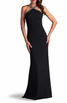 Betsy & Adam Satin Bow Crepe Mermaid Gown | Nordstrom Mother Of The Bride Dresses Halter Style, Formal Kaftan Dress, Halter Neck Dress Formal, Halter Top Prom Dresses, Cross Over Dress, Bride Stuff, Black Tie Event Dresses, Halter Neck Gown, Halter Wedding