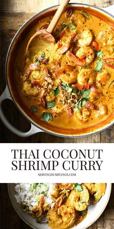 thai coconut shrimp curry in a pan with rice