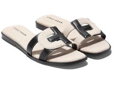 Cole Haan Chrisee Sandal - Women's Sandals : Black Leather/Canvas : Be the modern minimalist with sleek flair wearing Cole Haan Chrisee Sandals. The slip-on footwear features leather upper construction and Grandfeel cushion sock lining with extra padded cushion at the heel seat. Lightly padded insole. Interlocking iconic CH logo strap detail. Square toe design with smooth salpa welt. Patented FlowerFoam rubber outsole for flexibility, traction, and comfort with Genevieve Weave design at forepart. Imported. Measurements: Heel Height: 1 4 in Weight: 4 oz Product measurements were taken using size 7, width B - Medium. Please note that measurements may vary by size. Bridal Ballet Flats, Cole Haan Women, Sandals Black, Toe Designs, Light Denim, Women's Sandals, Cole Haan, Product Reviews, Black Sandals