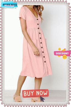 V-neck Pocket Dress(4 Colors) Summer V-neck Dress With Pockets, Pink Solid Color V-neck Midi Dress, Casual Summer V-neck Dress With Buttons, Pink V-neck Solid Color Dress, Solid V-neck Dress With Buttons, Feminine Solid Color V-neck Midi Dress, Feminine V-neck Solid Color Midi Dress, Pink Solid Color Midi Dress For Vacation, Summer V-neck Dresses With Pockets