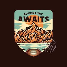 the adventure awaits logo with mountains in the background and water on the bottom right hand side