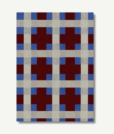 a red, white and blue checkered rug with squares in the middle on an off - white background