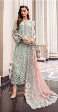 *Chiffon fully heavy alternet embroidered spengle work front with fully hand emblishment adha work with heavy embroidered spengle work daman boarder with fully cut work with hand emblishment lace* *chiffon fully heavy embroidered spengle work side panel* *chiffon plain back* *chiffon fully heavy embroidered spengle work sleeves with heavy embroidered spengle work sleeves boarder with fully cut work with hand emblishment lace* *chiffon fully heavy embroidered scifflie dupta with 4 side heavy embr Organza Suits, Raw Silk Fabric, Pakistani Salwar Kameez, Embroidered Chiffon, Pure Chiffon, Embroidered Dupatta, Pakistani Wedding Dresses, Pakistani Designers, Pakistani Outfits