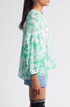 Welcome warm days with this lightweight, floral-print popover top framed by a split neck and billowy balloon sleeves. 23" center front length (size Medium) Split neck Long sleeves 60% ramie, 40% lyocell Machine wash, tumble dry Imported Floral Prints, Nordstrom, Long Sleeve, Floral