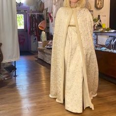 1960’s 60s Vintage 2pc Brocade Gown Dress & Full Length Faux Fur Trimmed Cape For Holiday Gala! Measures Bust Up To 34 Waist Up To 30 White/Cream With Gold Detail And Sequins #Wedding #Queen #Winter #Gala #Holiday #Event #Winterbride Winter Gala, Brocade Gown, Fur Trimmed Cape, Faux Fur Cape, 1960 Dress, Fur Cape, Winter Bride, 60s Vintage, Gown Dress