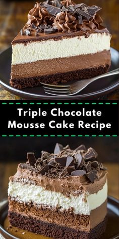 triple chocolate mousse cake recipe on a black plate with text overlay that reads triple chocolate mousse cake recipe