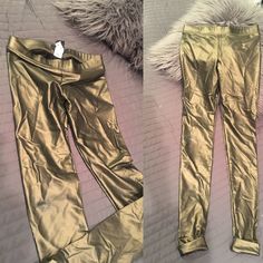 Never Worn, Tags On, Te Metallic Leggings, Size Xs, Color Golden Army Green Metallic Stretch Casual Pants, Casual Metallic Stretch Pants, Gold Stretch Leggings For Party, Spring Stretch Gold Pants, Casual Fitted Gold Pants, Gold Fitted Casual Pants, Casual Stretch Gold Bottoms, Casual Stretch Gold Pants, Golden Army