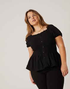 Curve Smocked Flowy Top Plus Size Tops -2020AVE Flowy Top, Decorative Buttons, Flowy Tops, Square Neckline, Puff Sleeves, New Outfits, Smocking, Puff Sleeve, Bodice