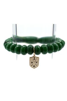 This Love Script Dark Green Jade Bracelet from Sydney Evan features a stunning dark green jade stone beaded bracelet with a small Love Script Crest charm to add a special touch. Whether for yourself or a loved one, this faceted bracelet is sure to be a fashionable accessory for any occasion. Luxury Elegant Jade Bracelets, Luxury Green Jade Beaded Bracelets, Carved Jade Bracelet, Carved Jade Round Bracelets, Hand-strung Green Jade Bracelets, Sydney Evan, Jade Bracelet, Jade Stone, Jade Green