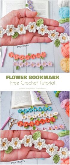 the crochet flower bookmark is shown in two different pictures and has been made with