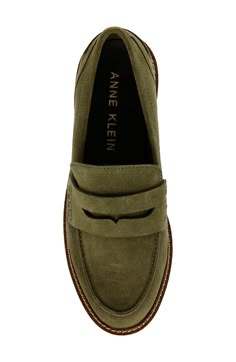 Supple suede and a traditional penny keeper accentuate a sophisticated loafer styled with an apron toe and chunky platform. 1" heel Leather upper/textile lining/synthetic sole Imported Winter Loafers For Women, Penny Loafer Outfits Women, Shoes Stitch, Penny Loafers Outfit, Suede Loafers Women, Green Suede Shoes, Shoes Classy, Office Flats, Fall Workwear