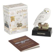 a white owl figurine sitting on top of a book next to a box