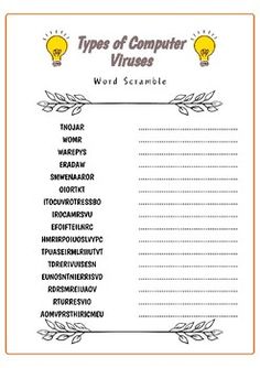 a printable worksheet for the types of computer virases word scramble