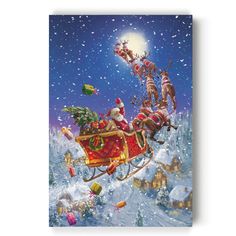 a santa claus sleigh with his reindeers flying through the night sky over a snowy town