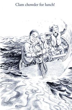 a drawing of two people in a boat with the caption clam chowder for lunch