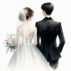 a bride and groom standing next to each other in front of a white background with flowers