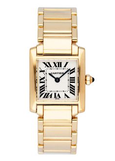 Cartier Tank Francaise W5000256 Yellow Gold Ladies Watch TOP BRANDS Rolex Audemars Piguet Omega Patek Philippe Cartier Breitling All Cartier Tank Francaise W5000256 / 1820 Ladies Watch. 20mm 18K yellow gold case. Off-White dial with blue steel hands and Roman numeral hour markers. Minute markers on the inner dial. 18K yellow gold bracelet with hidden butterfly clasp. Will fit up to a 6-inch wrist. Sapphire crystal. 18K yellow gold case back. Quartz: Battery powered movement. This watch is backed by our two year warranty. Phigora Guarantee Two Years Warranty Free Shipping & Returns Specifications SKU CW5000256FWRB-1 Model Tank Française Gender Ladies Watch Style Luxury Shape Tank Case Material 18k Yellow Gold Movement Quartz: Battery Condition Quartz: Battery Dial Color Off-White Band Mater Cartier Tank Gold, Gold Cartier Analog Watch, Cartier Analog Watch In Yellow Gold, Cartier Yellow Gold Analog Watch, Cartier Chronograph Watches With Rectangular Dial, Modern Gold Cartier Watches, Cartier Rectangular Analog Watch, Modern Cartier Analog Watch, Cartier Gold Watch