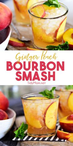 two glasses filled with bourbon smash and peaches