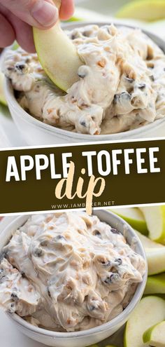 an apple toffe dip in a white bowl with apples around it and the words above it