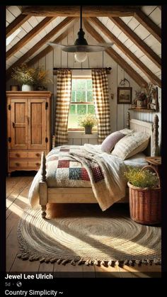 Small Wooden Cottage House, Rustic Farm Bedroom, Old Farmhouses, Barn Bedroom, Farm Bedroom, Gingham Curtains, Vintage Armoire, Country Rose