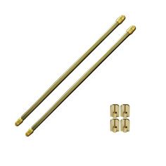 two brass colored handles and four screws on a white background