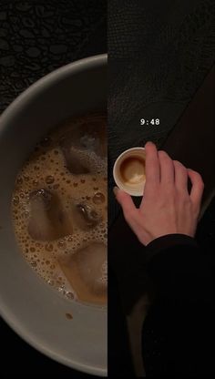 a person holding a cup of coffee in front of a bowl of water and liquid