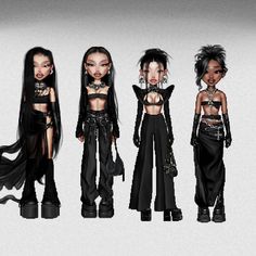 four different types of goth dolls with black hair and piercings, all wearing gothic clothing