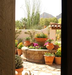 an open door with potted plants on the outside