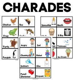 an image of the word charadess with pictures and words to describe in it