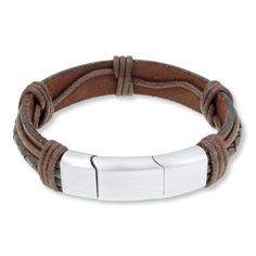 Brown leather cords wrap around braided leather in this impressive men's bracelet. The 8.25-inch bracelet secures with a stainless steel magnetic clasp. Adjustable Leather Braided Bracelet With Stainless Steel Clasp, Adjustable Braided Bracelet With Stainless Steel Clasp, Modern Adjustable Braided Leather Bracelet, Adjustable Leather Bracelets With Stainless Steel Clasp, Masculine Adjustable Braided Bracelets With Leather Strap, Masculine Adjustable Braided Leather Bracelet, Modern Magnetic Leather Bracelets, Modern Leather Magnetic Bracelets, Modern Magnetic Leather Bracelet