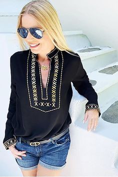 Black Boho Embroidered V Neck Long Sleeve Casual Top Casual Black Embroidered V-neck Top, Black Long Sleeve Embroidered Top, Black Long Sleeve Embroidered Top For Summer, Black Embroidered Long Sleeve Top For Summer, Black Long Sleeve Top With Geometric Embroidery, Black Embroidered Casual Top For Fall, Casual Black Embroidered Long Sleeve Top, Casual Black Embroidered Top For Fall, Casual Black Blouse With Geometric Embroidery