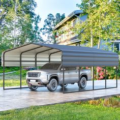 a truck is parked in front of a metal carport with its doors open and the roof opened