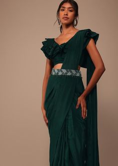 Bottle Green Organza Saree With Fancy Blouse and Belt and This Pre-stitched Saree Wear on Wedding, Cocktail Party, Reception, and Engagement - Etsy Designer Cotton Silk Pre-draped Saree For Navratri, Cotton Silk Saree With Dori Work For Reception, Party Tissue Silk Pre-draped Saree, Green Fitted Pre-draped Saree Traditional Drape, Green Fitted Pre-draped Saree, Fitted Green Pre-draped Saree, Bollywood Style Designer Cotton Silk Pre-draped Saree, Fitted Green Pre-draped Saree In Traditional Drape, Designer Bollywood Cotton Silk Pre-draped Saree