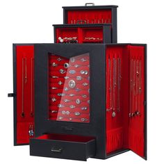 PRICES MAY VARY. Special Color Combinations: The jewelry organizer is made of black PU-leather, with a warm red lining and a metal handle. It looks stylish and eye-catching without losing a sense of luxury. While better protecting your jewelry, it is a piece of home decoration and art Combination of Vertical and Horizontal Drawers: The jewelry box has three vertical drawers with ring holders, 8 removable earring clips, 6 hooks for rings, earrings, necklaces, bracelets. The horizontal drawer at t Picture Frame Hidden Jewelry Holder, Antique Jewelry Holder Necklace Display, Grunge Jewelry Organizer, Gothic Jewelry Hanger, Vertical Necklace Organizer, Luxury Black Cases With Multiple Compartments, Hippie Jewelry Storage, Gothic Jewelry Storage, Goth Choker Storage