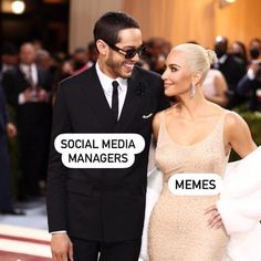 a man and woman standing next to each other with speech bubbles above them that say social media managers