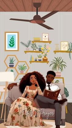 a man and woman sitting on a couch in front of a ceiling fan