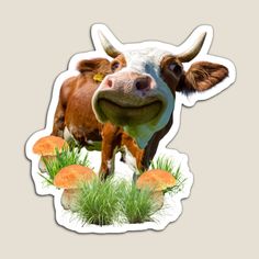 a cow standing in the grass with its mouth open and mushrooms behind it sticker