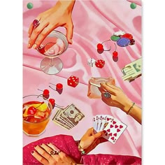 a painting of people playing cards on a pink table cloth with dices and drinks